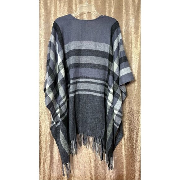 Banana Republic Cashmere Wool Blend Plaid Open Front Poncho Cape Fringe Unisex - Picture 2 of 8